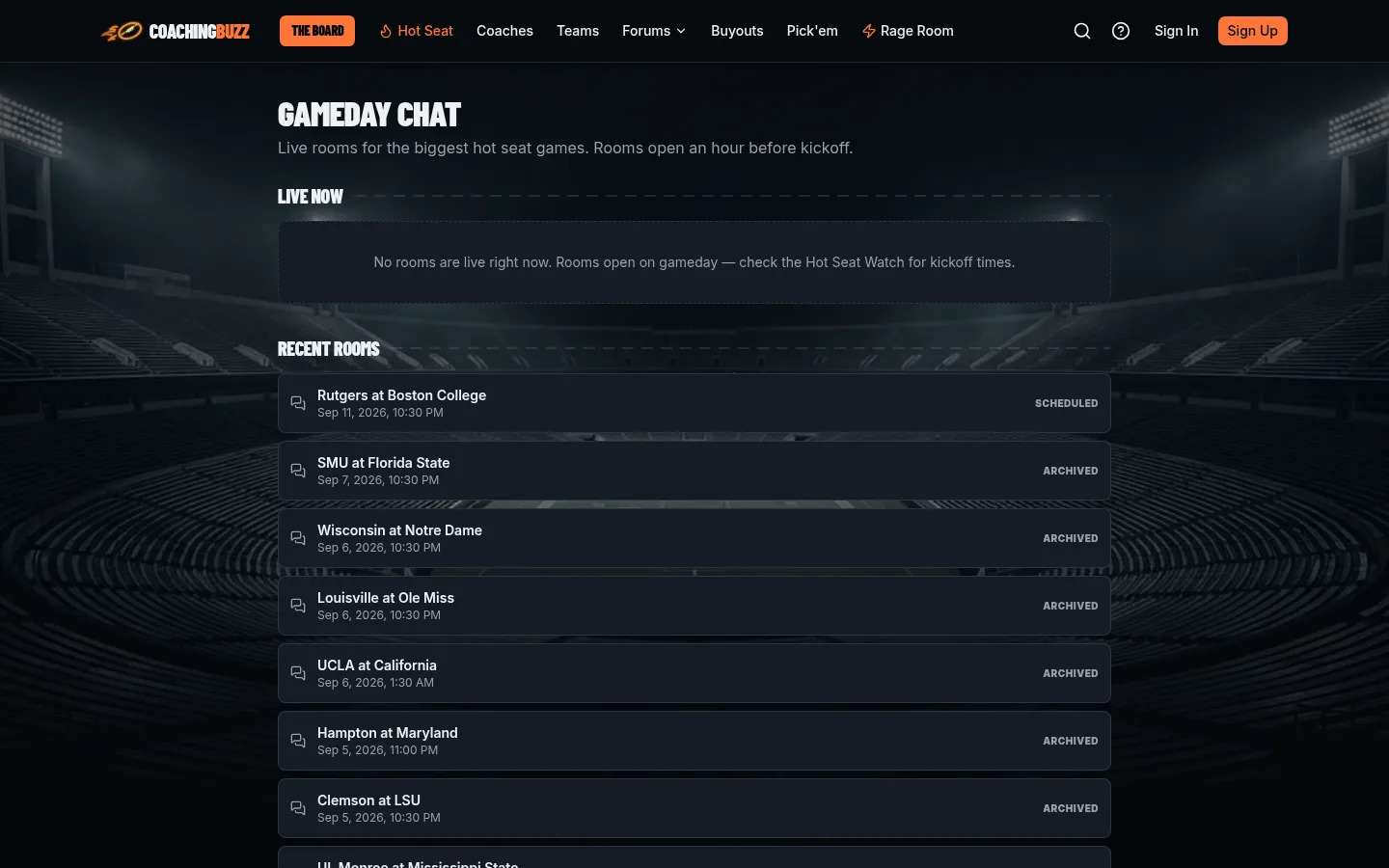 Gameday Chat lobby with live and recently archived game rooms