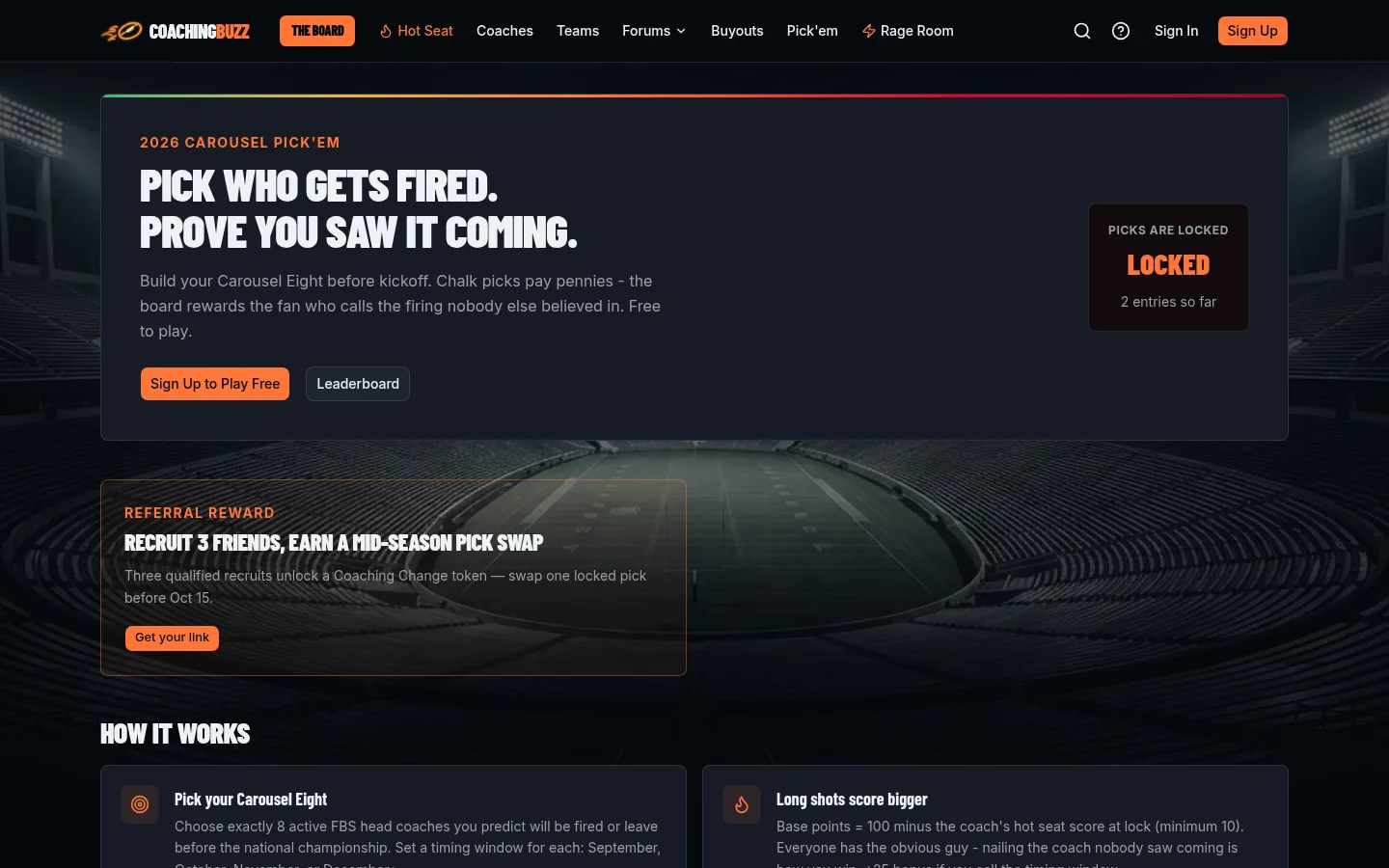 Carousel Pick'em landing page with the locked entries panel and referral reward