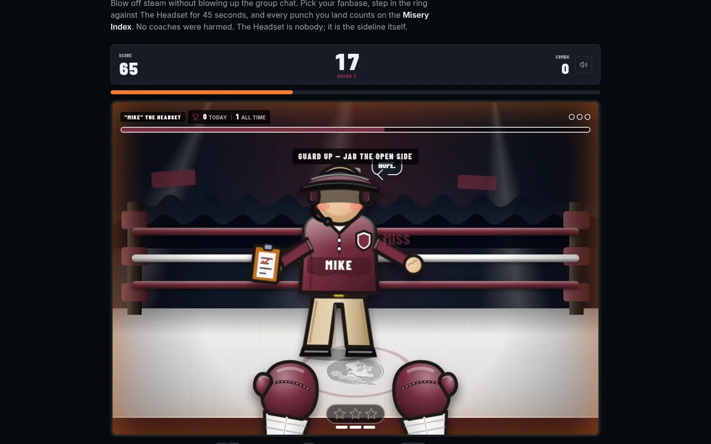 A live Rage Room bout: The Headset in Florida State colors with his guard up, score and round timer above the ring